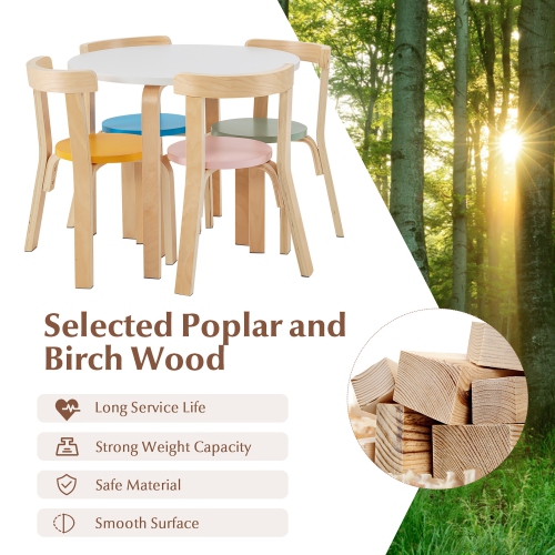 Gymax 5-Piece Kids Wooden Curved Back Activity Table & Chair Set w/Toy Bricks