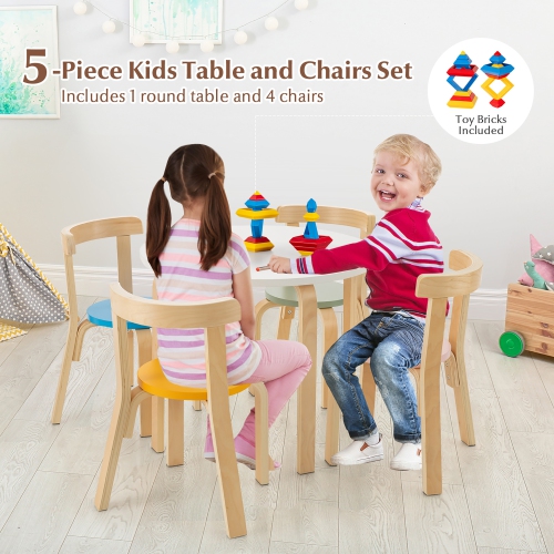 Gymax 5-Piece Kids Wooden Curved Back Activity Table & Chair Set w/Toy Bricks