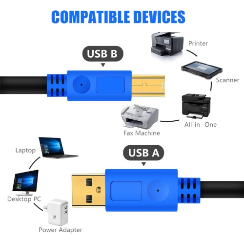 Câble d'imprimante 10ft, connecteurs plaqués or haute vitesse USB 2,0 H Câble d'imprimante A mâle vers B mâle pour HP, Canon, Lexmark, Dell, Xerox,