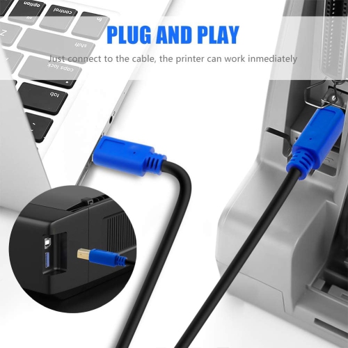 Câble d'imprimante 10ft, connecteurs plaqués or haute vitesse USB 2,0 H Câble d'imprimante A mâle vers B mâle pour HP, Canon, Lexmark, Dell, Xerox,