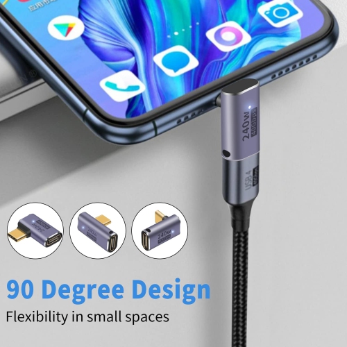 D USB C 90 Degree Adapter 240W, USB C Right Angle Adapter 40Gbps, 90 Degree USB C Adapter PD Male to Female Extender with 8K Video Support USB 4