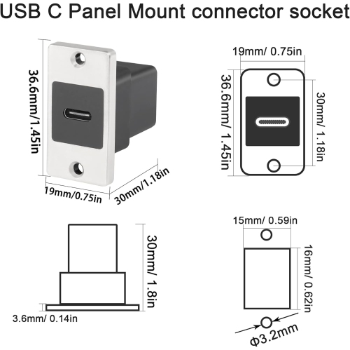 Q 10Gbps USB C Rectangular Panel Adapter USB C 3.1 Female to Female Panel Mount Connector USB C Mounting Socket Data Module 5V/2.1A Charging,