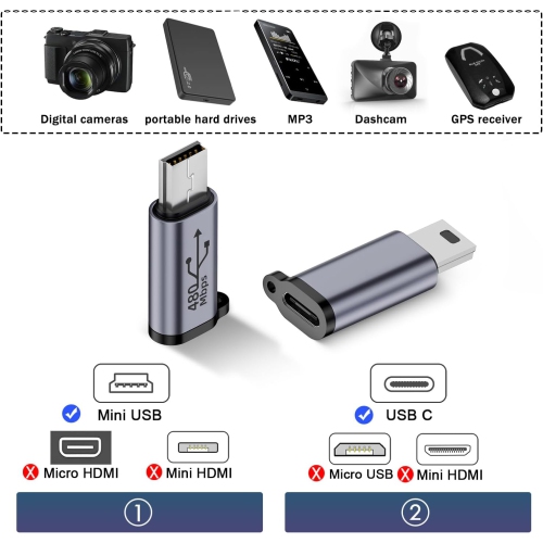 Q 480Mbps Mini USB Male to USB C Female Adaptor 18W Mini USB Plug to USB C Jack Data Connector, Al Alloy/Hanging Hole, for Digital Cameras Mobile