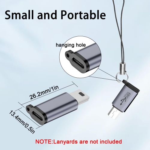 Q 480Mbps Mini USB Male to USB C Female Adaptor 18W Mini USB Plug to USB C Jack Data Connector, Al Alloy/Hanging Hole, for Digital Cameras Mobile