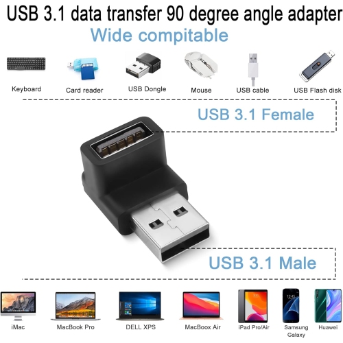 Q USB 3.1 90°Angle Adapter 10Gbps USB 3.1 Male to Female L-Angle Connector USB A 3.1 Right Angle Coupler, Support 3A Charging OTG Data Transfer, 2Pcs