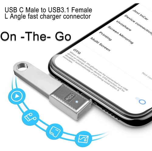 10Gbps USB C to USB3.1 90° Angle OTG Adapter 120W Type C Male to USB3.1 Female Right Angle Charger Data Connector, Zn Alloy/LED Light, for Phone