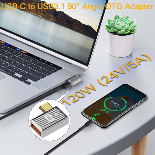 10Gbps USB C to USB3.1 90° Angle OTG Adapter 120W Type C Male to USB3.1 Female Right Angle Charger Data Connector, Zn Alloy/LED Light, for Phone