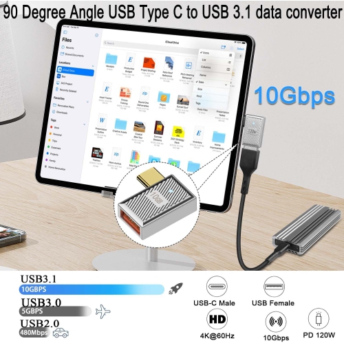 10Gbps USB C to USB3.1 90° Angle OTG Adapter 120W Type C Male to USB3.1 Female Right Angle Charger Data Connector, Zn Alloy/LED Light, for Phone
