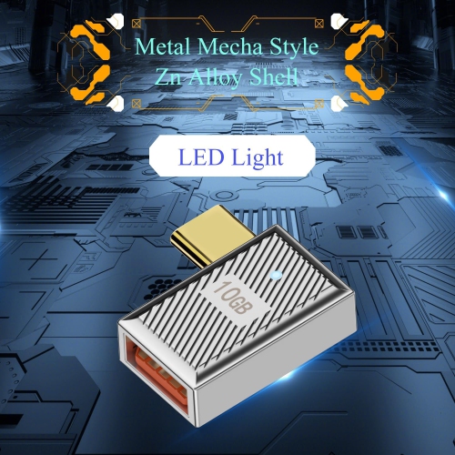 10Gbps USB C to USB3.1 90° Angle OTG Adapter 120W Type C Male to USB3.1 Female Right Angle Charger Data Connector, Zn Alloy/LED Light, for Phone