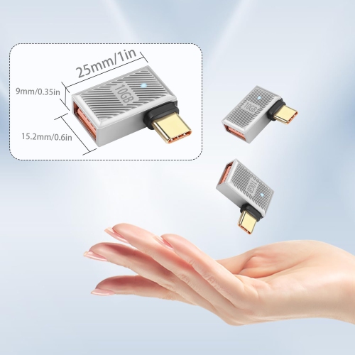 10Gbps USB C to USB3.1 90° Angle OTG Adapter 120W Type C Male to USB3.1 Female Right Angle Charger Data Connector, Zn Alloy/LED Light, for Phone