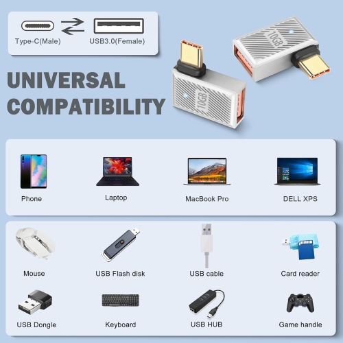 10Gbps USB C to USB3.1 90° Angle OTG Adapter 120W Type C Male to USB3.1 Female Right Angle Charger Data Connector, Zn Alloy/LED Light, for Phone