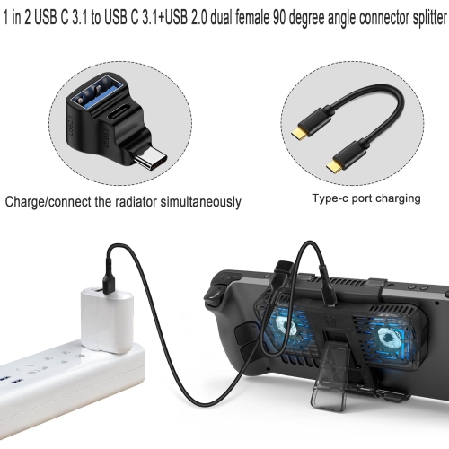 90 ° Angle USB C 1 in 2 Adapter USB C 3.1 Male to USB C 3.1+USB 2.0 Dual Female Right Angle Connector 20Gbps/100W Charging/Projection Screen, for