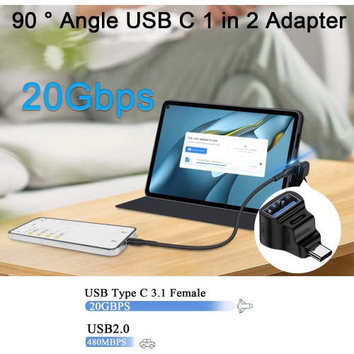 90 ° Angle USB C 1 in 2 Adapter USB C 3.1 Male to USB C 3.1+USB 2.0 Dual Female Right Angle Connector 20Gbps/100W Charging/Projection Screen, for