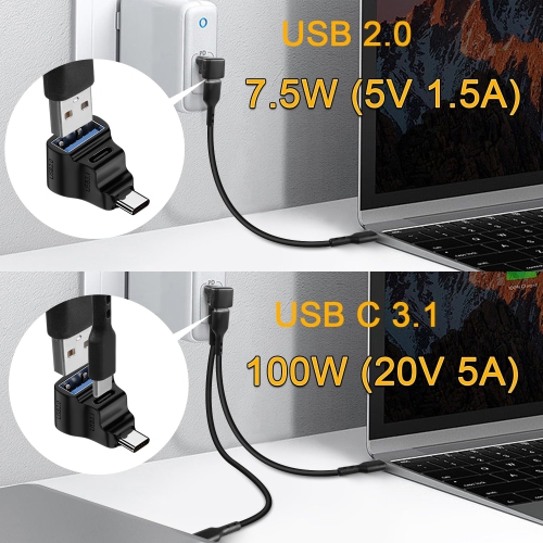 90 ° Angle USB C 1 in 2 Adapter USB C 3.1 Male to USB C 3.1+USB 2.0 Dual Female Right Angle Connector 20Gbps/100W Charging/Projection Screen, for
