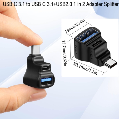 90 ° Angle USB C 1 in 2 Adapter USB C 3.1 Male to USB C 3.1+USB 2.0 Dual Female Right Angle Connector 20Gbps/100W Charging/Projection Screen, for
