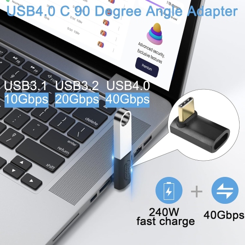 240W USB4.0 C 90 Degree Angle Adapter 40Gbps Type C 4.0 Male to Female Right Angle Connector, Support 8K Audio/Video 240W/50V Charging, for Tablet