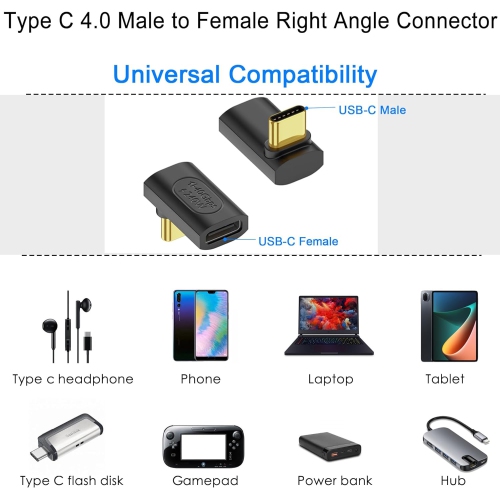 240W USB4.0 C 90 Degree Angle Adapter 40Gbps Type C 4.0 Male to Female Right Angle Connector, Support 8K Audio/Video 240W/50V Charging, for Tablet