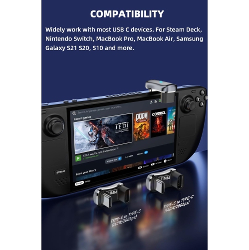 Adaptateur USB 180-C à 180°, adaptateur USB-C mâle à USB-C femelle 20 Gb/s PD 140 W pour Steam Deck, Switch, portable, tablette, téléphone