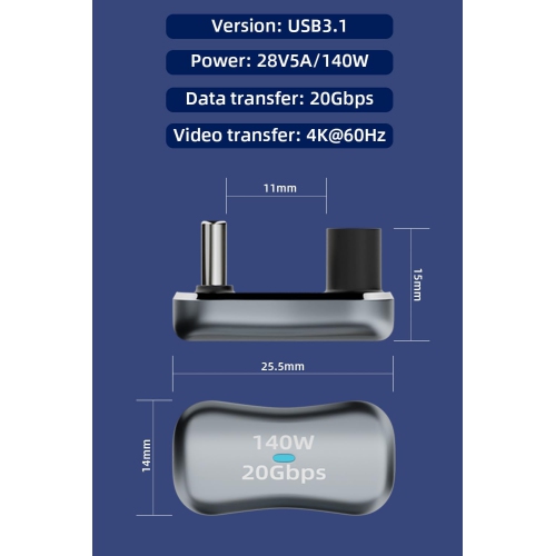 Adaptateur USB 180-C à 180°, adaptateur USB-C mâle à USB-C femelle 20 Gb/s PD 140 W pour Steam Deck, Switch, portable, tablette, téléphone