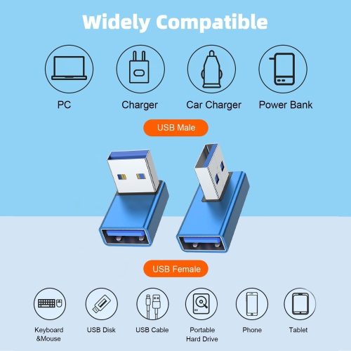 90 Degree USB 3.0 Adapter 4 Pack, Up and Down Angle, Left and Right Angle USB A Male to Female Converter Extender for PC, Laptop, USB A Charger,