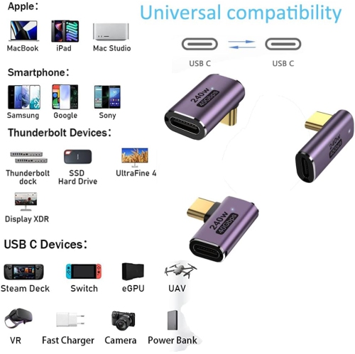 Adaptateur USB-C à USB4 90 degrés, adaptateur USB-C à USB-C mâle à USB-C femelle, 40 Gb/s connecteur de type C de chargement 240 W pour