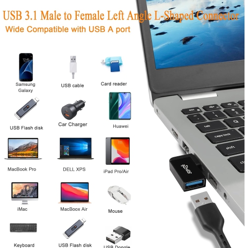 Q USB 3.1 90°Angle Adapter 10Gbps USB 3.1 Male to Female Left Angle L-Shaped Connector USB A 3.1 Data Transfer Converter Coupler, 2PCS(Left Angle