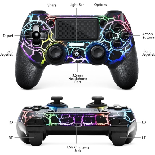 A Light-up Wireless Controller for PS4,Black Crack Custom Design with RGB Light,1000mah Battery, 3.5mm Audio Jack and Turbo Function,Compatible with