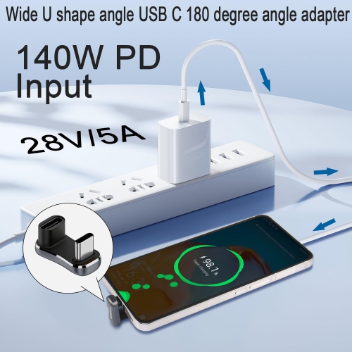 Q – Adaptateur d’angle en U USB-C plus large 140 W 20 Gb/s USB3,2 type C mâle à femelle connecteur large distance 180 degrés, support 4K à