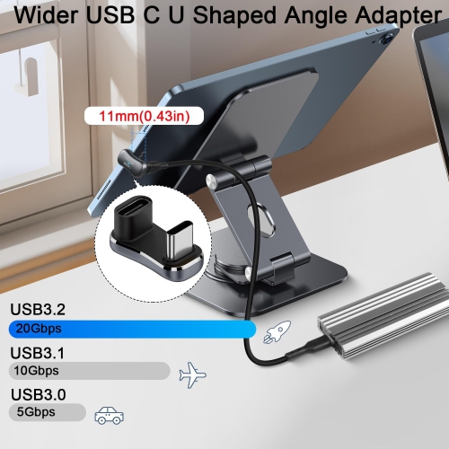 Q – Adaptateur d’angle en U USB-C plus large 140 W 20 Gb/s USB3,2 type C mâle à femelle connecteur large distance 180 degrés, support 4K à