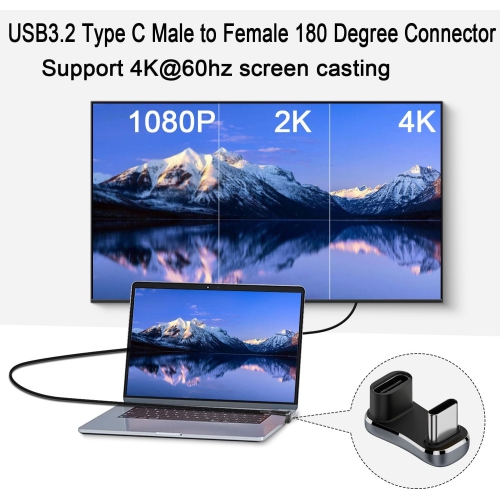 Q – Adaptateur d’angle en U USB-C plus large 140 W 20 Gb/s USB3,2 type C mâle à femelle connecteur large distance 180 degrés, support 4K à
