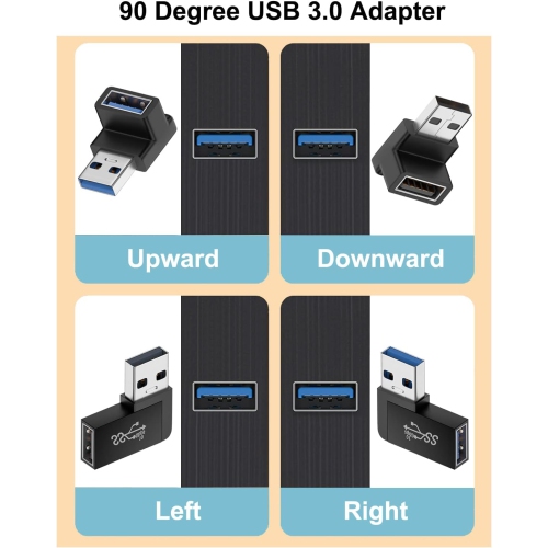 J 90 Degree USB 3.0 Adapter, Vertical Up and Down Angle, Horizontal Left and Right Angle USB Male to Female Extender Connector