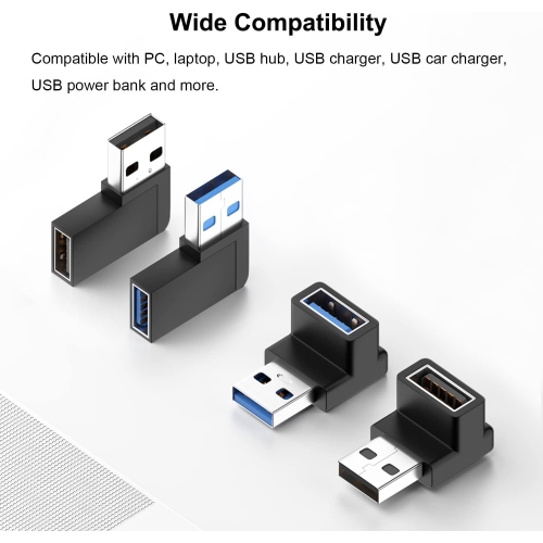 J 90 Degree USB 3.0 Adapter, Vertical Up and Down Angle, Horizontal Left and Right Angle USB Male to Female Extender Connector