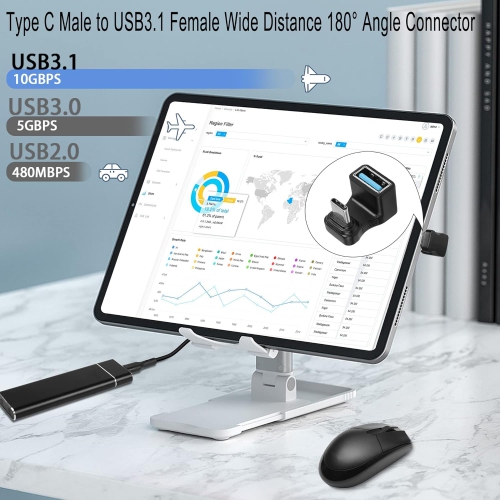 Q – Adaptateur USB-C à USB3,1 mm à angle en U large 10 Gb/s mâle de type C à USB3,1 femelle connecteur à grand angle de 180°, pour