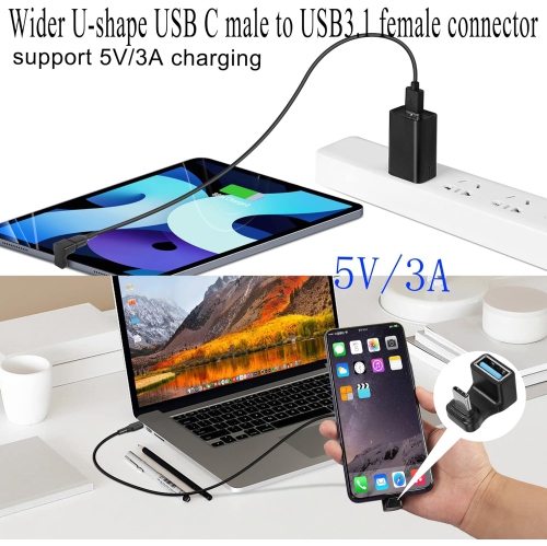 Q – Adaptateur USB-C à USB3,1 mm à angle en U large 10 Gb/s mâle de type C à USB3,1 femelle connecteur à grand angle de 180°, pour