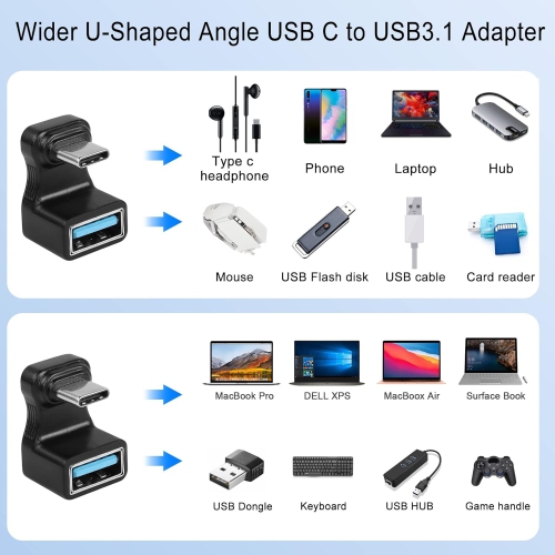 Q – Adaptateur USB-C à USB3,1 mm à angle en U large 10 Gb/s mâle de type C à USB3,1 femelle connecteur à grand angle de 180°, pour