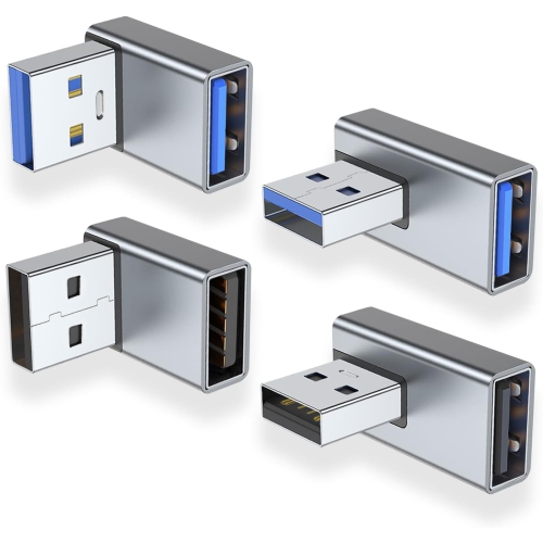 90 Degree USB 3.0 Adapter 4 Pack, Up and Down Angle, Left and Right Angle USB A Male to Female Converter Extender for PC, Laptop, USB A Charger,