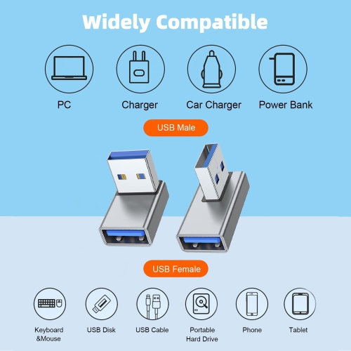90 Degree USB 3.0 Adapter 4 Pack, Up and Down Angle, Left and Right Angle USB A Male to Female Converter Extender for PC, Laptop, USB A Charger,