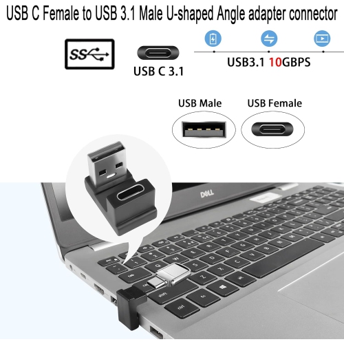 USB 3.1 to USB C U-Shape Angle Adapter 10Gbps USB A Male to USB C Female 180° Angle Connector, for 3A Charging OTG Data Transfer, for Laptop