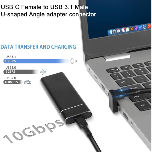 USB 3.1 to USB C U-Shape Angle Adapter 10Gbps USB A Male to USB C Female 180° Angle Connector, for 3A Charging OTG Data Transfer, for Laptop