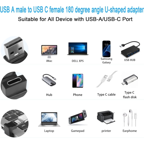 USB 3.1 to USB C U-Shape Angle Adapter 10Gbps USB A Male to USB C Female 180° Angle Connector, for 3A Charging OTG Data Transfer, for Laptop