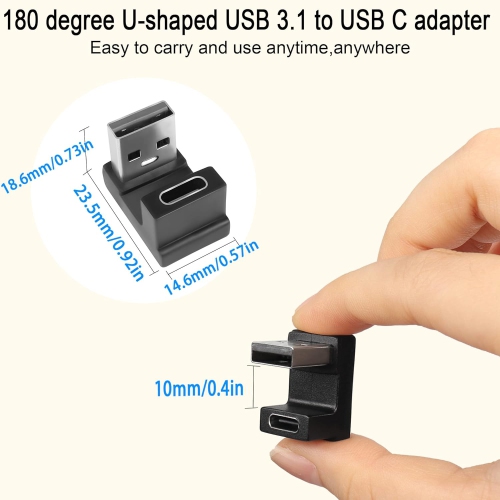 USB 3.1 to USB C U-Shape Angle Adapter 10Gbps USB A Male to USB C Female 180° Angle Connector, for 3A Charging OTG Data Transfer, for Laptop