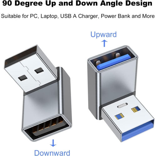 90 Degree USB 3.0 Adapter 2 Pack, Up and Down Angle USB A Male to Female Converter Extender for PC, Laptop, USB A Charger, Power Bank and More