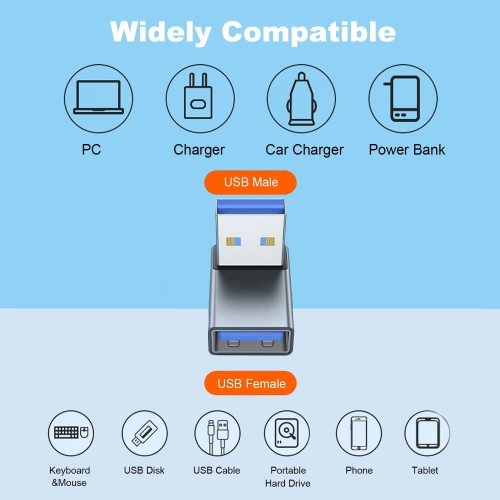 90 Degree USB 3.0 Adapter 2 Pack, Up and Down Angle USB A Male to Female Converter Extender for PC, Laptop, USB A Charger, Power Bank and More
