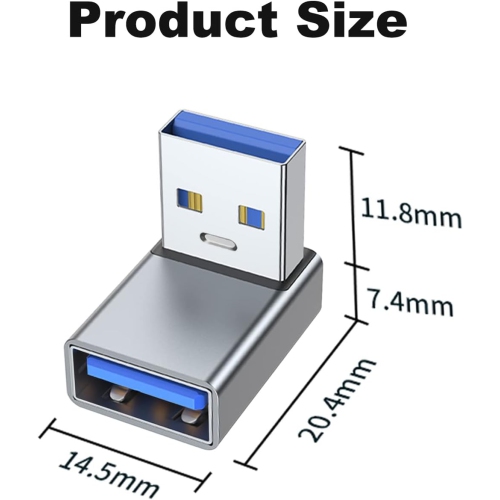 90 Degree USB 3.0 Adapter 2 Pack, Up and Down Angle USB A Male to Female Converter Extender for PC, Laptop, USB A Charger, Power Bank and More