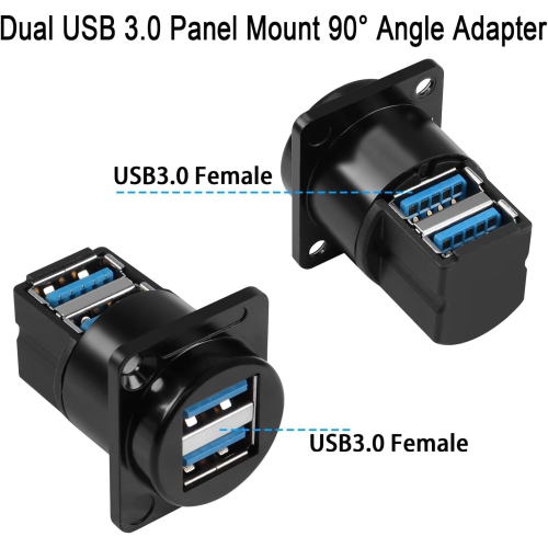 Dual USB 3.0 Panel Mount 90° Angle Adapter 5Gbps USB3.0 2 Female to 2 Female Right Angle Connector Mount Socket Dual USB3.0 Data Transfer and
