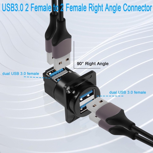 Dual USB 3.0 Panel Mount 90° Angle Adapter 5Gbps USB3.0 2 Female to 2 Female Right Angle Connector Mount Socket Dual USB3.0 Data Transfer and