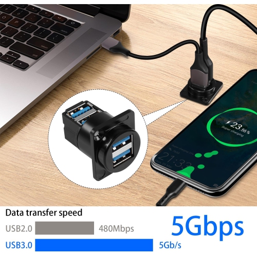 Dual USB 3.0 Panel Mount 90° Angle Adapter 5Gbps USB3.0 2 Female to 2 Female Right Angle Connector Mount Socket Dual USB3.0 Data Transfer and