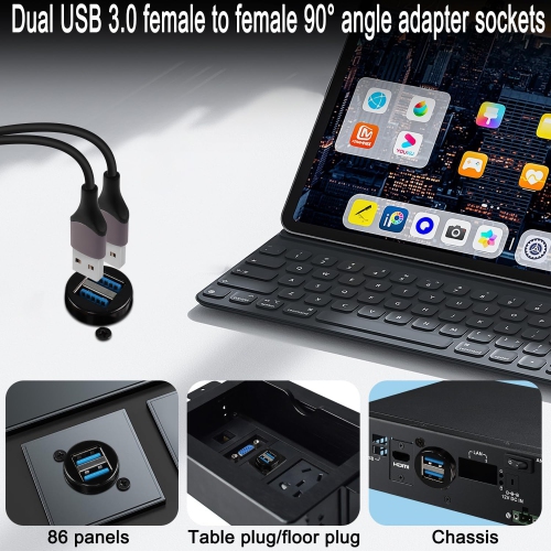 Dual USB 3.0 Panel Mount 90° Angle Adapter 5Gbps USB3.0 2 Female to 2 Female Right Angle Connector Mount Socket Dual USB3.0 Data Transfer and