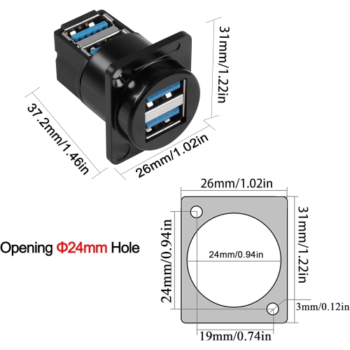 Dual USB 3.0 Panel Mount 90° Angle Adapter 5Gbps USB3.0 2 Female to 2 Female Right Angle Connector Mount Socket Dual USB3.0 Data Transfer and