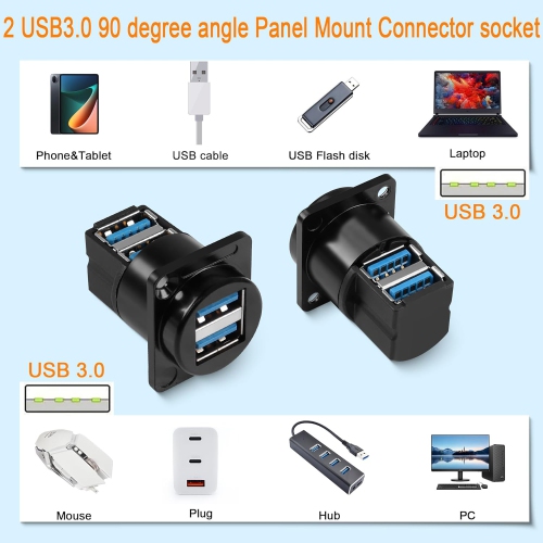 Dual USB 3.0 Panel Mount 90° Angle Adapter 5Gbps USB3.0 2 Female to 2 Female Right Angle Connector Mount Socket Dual USB3.0 Data Transfer and